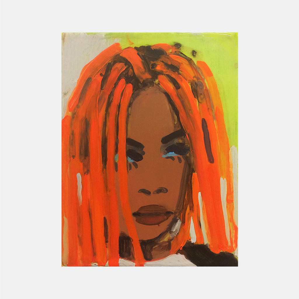 The artwork 'Model (unknown)' by Michelle Selwa features a contemporary portrait rendered in bold acrylic strokes on hardboard panel, depicting an abstract figure with vibrant orange vertical lines against a luminous lime-green background, executed in an expressive contemporary style. 12x9 inches acrylic painting by Michelle Selwa.