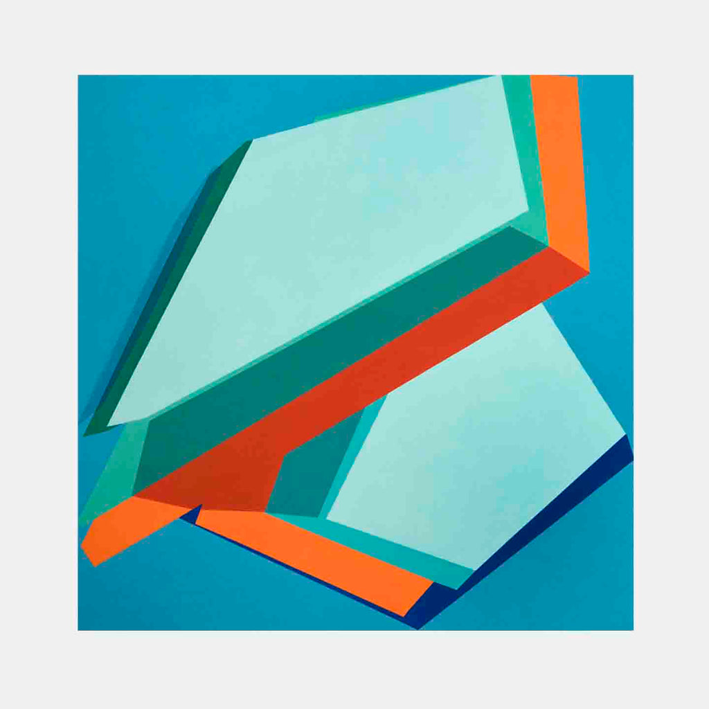 The artwork 'Moderate Drifters' by Kati Vilim features bold geometric shapes in mint green and vibrant orange against a turquoise background. The abstract composition creates a dynamic illusion of depth through sharp angles and overlapping forms, with strong shadows emphasizing the three-dimensional effect. Oil on canvas geometric abstraction by Kati Vilim.