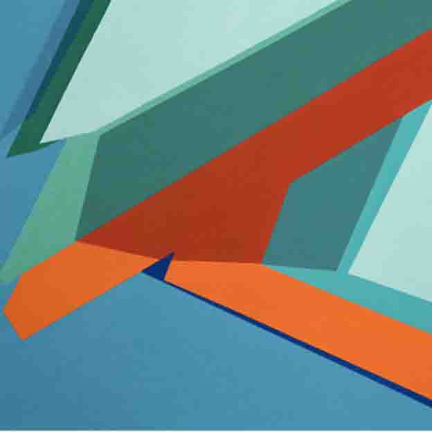 The artwork 'Moderate Drifters' by Kati Vilim features bold geometric abstract shapes in vibrant teal, orange, and light turquoise. Angular forms create dynamic movement across the canvas, with sharp diagonal lines and intersecting planes suggesting depth and dimension. The contrasting colors and clean edges exemplify modern geometric abstraction, painted in oil on canvas. By Kati Vilim.