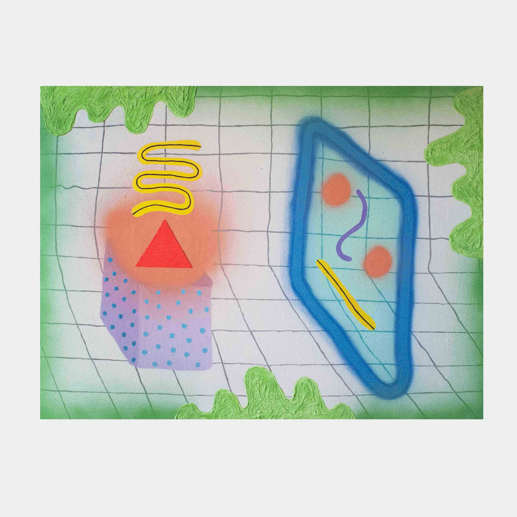 The artwork "Moldy Bathroom Reflections" by Ryan Patrick Martin features abstract geometric shapes against a tiled bathroom wall. A red triangle emerges from a pink dotted form, topped with yellow squiggles, while a blue angular frame contains floating orange dots and yellow lines. Green mold-like patterns border the edges, set against a misty white background by Ryan Patrick Martin.