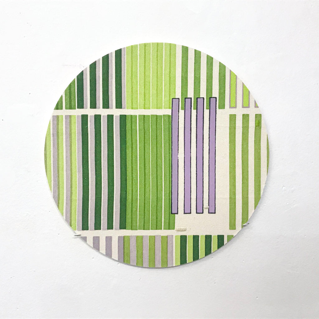 The artwork 'Line Study 1' by Molly Koehn features vertical stripes in gradient shades of green with a central cluster of lavender bars, embroidered on raw silk and mounted on a circular birch panel. The composition creates a rhythmic pattern of varying line widths, blending organic and geometric elements in a 10x10 inch format.