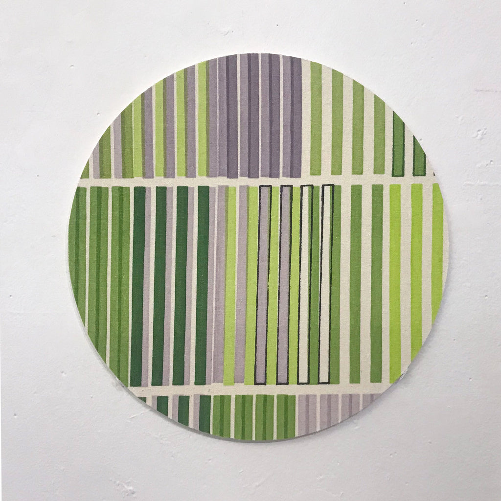 The artwork 'Line Study 3' by Molly Koehn features a circular composition of vertical stripes in varying shades of green and gray. The geometric pattern is arranged in three horizontal sections, with alternating stripe widths and colors creating a gradient effect. Created with pigment on raw silk mounted to birch, the 10x10 inch piece demonstrates minimalist precision and organic color transitions.