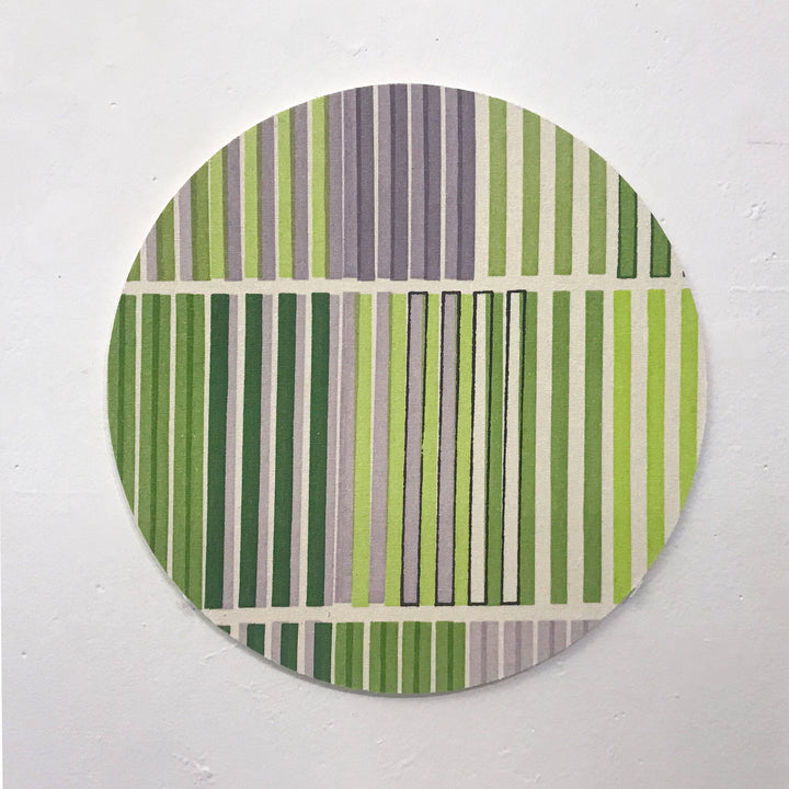 The artwork 'Line Study 3' by Molly Koehn features a circular composition of vertical stripes in varying shades of green and gray. The geometric pattern is arranged in three horizontal sections, with alternating stripe widths and colors creating a gradient effect. Created with pigment on raw silk mounted to birch, the 10x10 inch piece demonstrates minimalist precision and organic color transitions.
