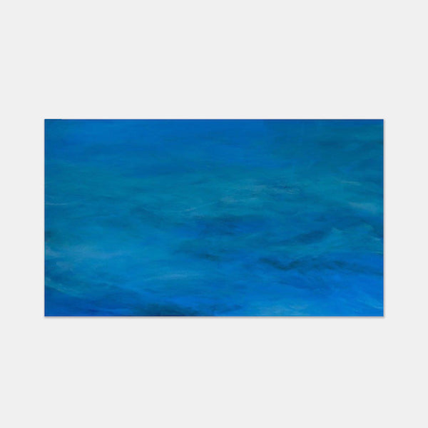 The artwork 'More in You' by Camilla Webster features a mesmerizing abstract seascape in deep azure and turquoise tones. The acrylic on canvas piece captures fluid, wave-like movements through layered brushstrokes, creating a serene oceanic atmosphere with subtle depth variations. Framed artwork measuring 41.75 x 57.7 inches.