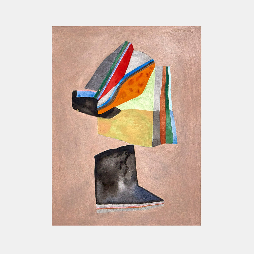 The artwork 'Morning prayers for Barron' by Sasha Hallock features abstract geometric shapes in vibrant watercolor, including bold red, blue, orange, and yellow segments divided by clean lines, set against a warm dusty rose background. A striking black form anchors the lower portion, creating dynamic spatial contrast. Mixed media on paper mounted on wood.