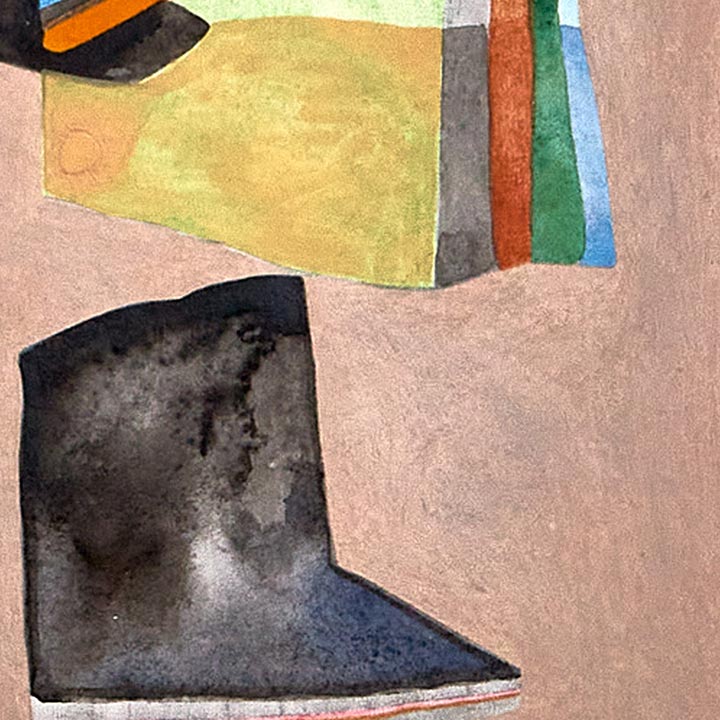 Morning Prayers for Barron by Sasha Hallock: Abstract mixed media artwork featuring geometric shapes with a prominent dark angular form against a soft pink background. Yellow-gold geometric section with rainbow-like stripes in green, red, and blue creates dynamic contrast. Textural watercolor effects add depth to 8x6 inch composition on wood mount.