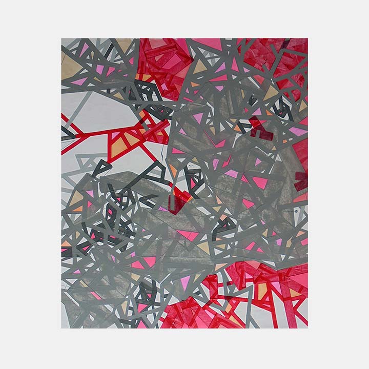 The artwork 'Mossholuu' by Philippe Halaburda features dynamic abstract geometric patterns with intersecting angular shapes in red, gray, and pink. Sharp triangular fragments create a fragmented mosaic effect across the canvas, with bold crimson elements contrasting against metallic gray tones. The 24x20 inch acrylic painting combines architectural precision with spontaneous composition by Philippe Halaburda.