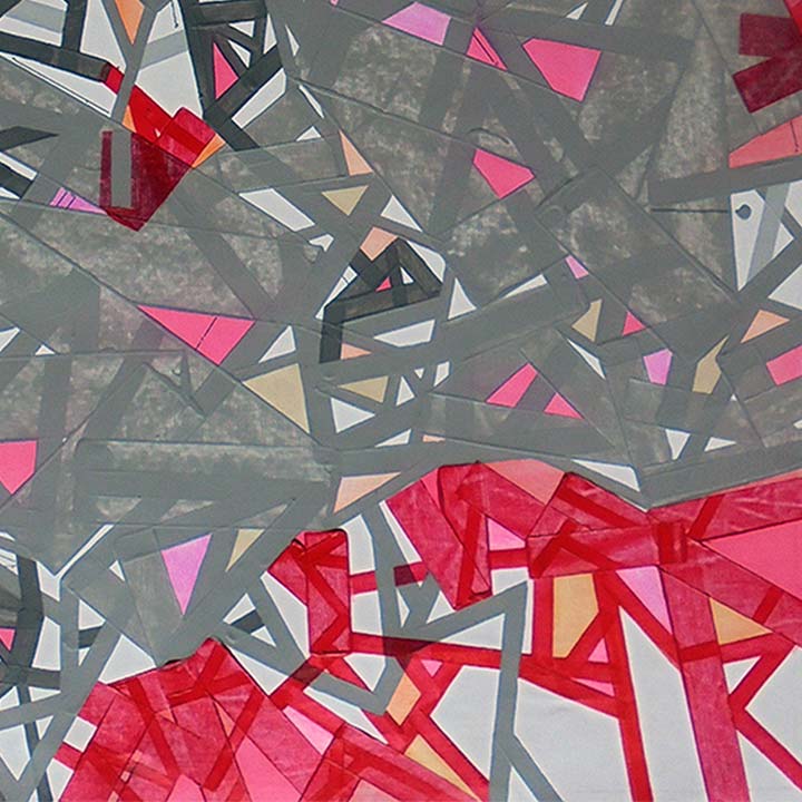 The artwork 'Mossholuu' by Philippe Halaburda features a dynamic abstract composition of angular geometric shapes in grey, vibrant red, and soft pink tones. Sharp triangular forms and intersecting lines create a fragmented pattern against a textured background, conveying movement and spatial depth through contrasting colors and overlapping elements. Acrylic on canvas, 24x20 inches by Philippe Halaburda.