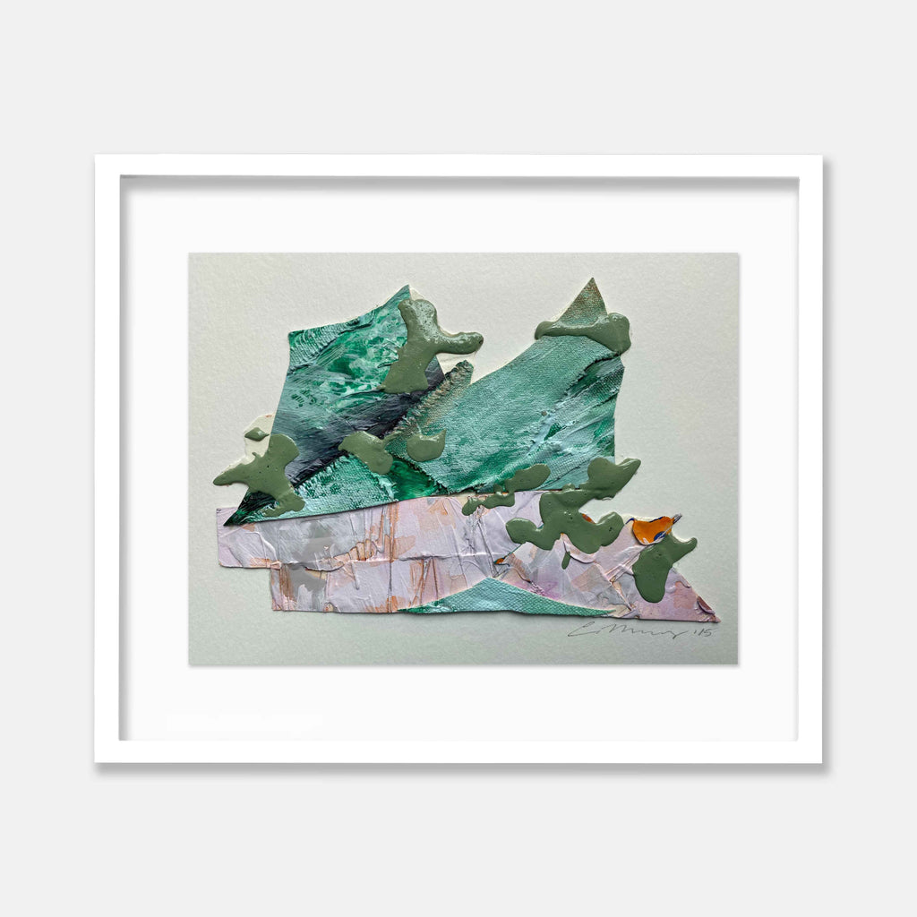 The artwork 'Mountain Early Morning' by Christina Massey features a dynamic collage composition depicting abstract mountain forms in vibrant teal and soft pink hues. Layered paper elements create depth and texture, with angular geometric shapes suggesting mountain peaks against a serene background. The 8x10 inch mixed media piece combines watercolor effects with textural paper elements.
