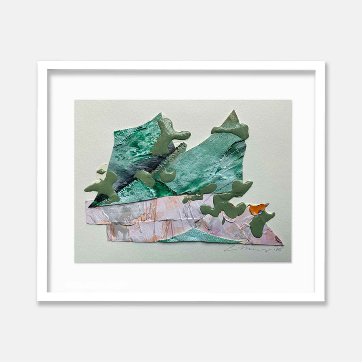 The artwork 'Mountain Early Morning' by Christina Massey features a dynamic collage composition depicting abstract mountain forms in vibrant teal and soft pink hues. Layered paper elements create depth and texture, with angular geometric shapes suggesting mountain peaks against a serene background. The 8x10 inch mixed media piece combines watercolor effects with textural paper elements.