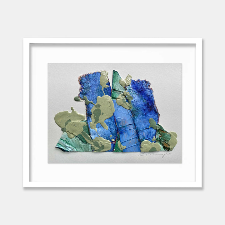 The artwork 'Mountain Sundown' by Christina Massey features an abstract landscape rendered in vibrant blues and sage greens. The textured composition shows bold brushstrokes and layered paint creating a mountainous form, with deep ultramarine sections contrasting against softer seafoam tones. The mixed media piece, framed in crisp white, captures a dynamic interplay of colors and textures reminiscent of a mountainous sunset scene. 8x10 inches by 