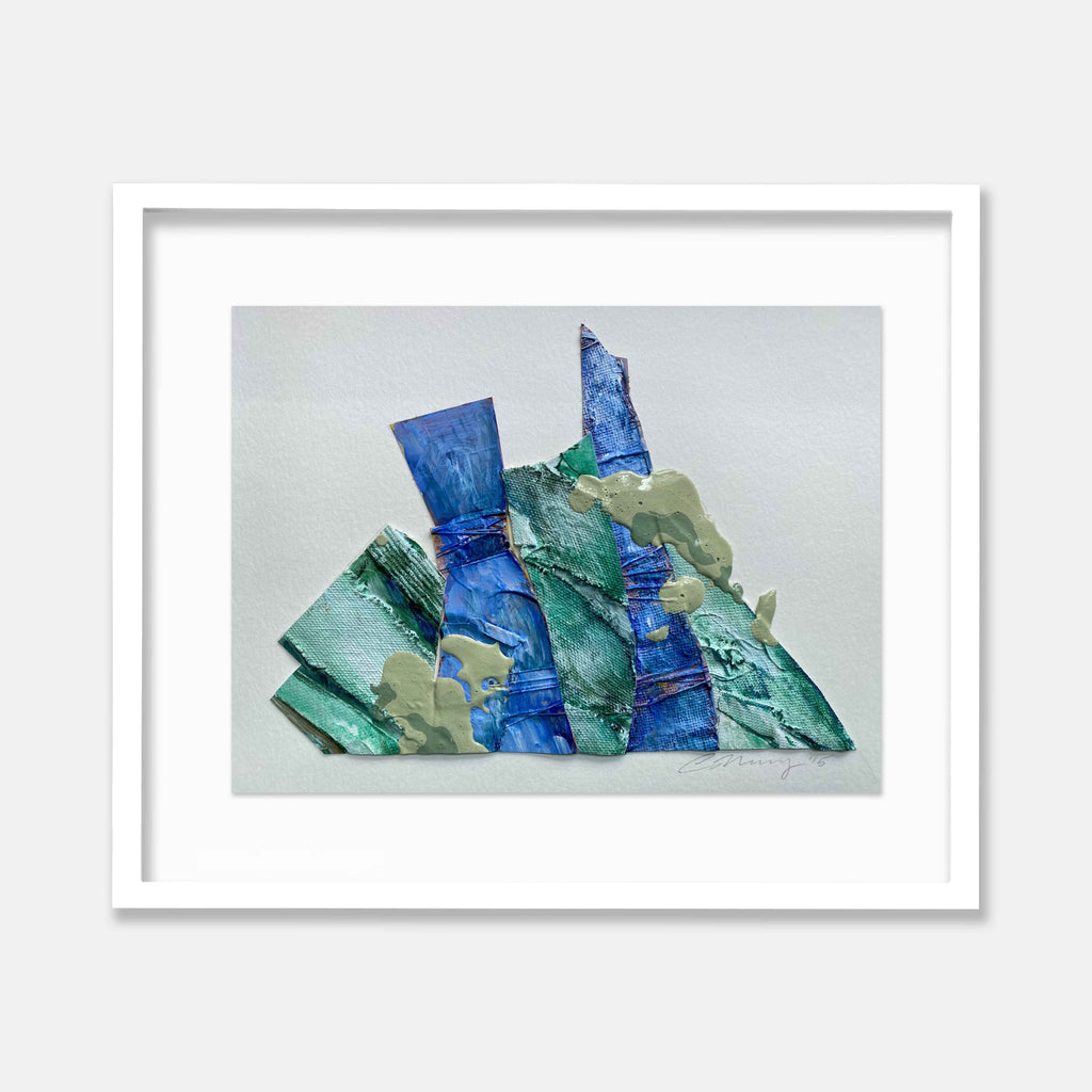 The artwork 'Mountain Sundown 2' features abstract mountain peaks rendered in textured layers of vibrant blue and green glass-like elements. The composition showcases a dynamic interplay of translucent shards creating a mountainous silhouette against a light background, measuring 8x10 inches, by Christina Massey.