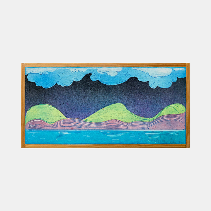 Muffled Saxophone by Evan Peltzman features a dreamlike landscape with rolling green hills against a deep purple-blue sky. White fluffy clouds drift across vibrant turquoise heavens, while a serene blue lake reflects the scene below. The artwork combines ink and plaster on wood panel, creating textured layers and flowing organic lines.