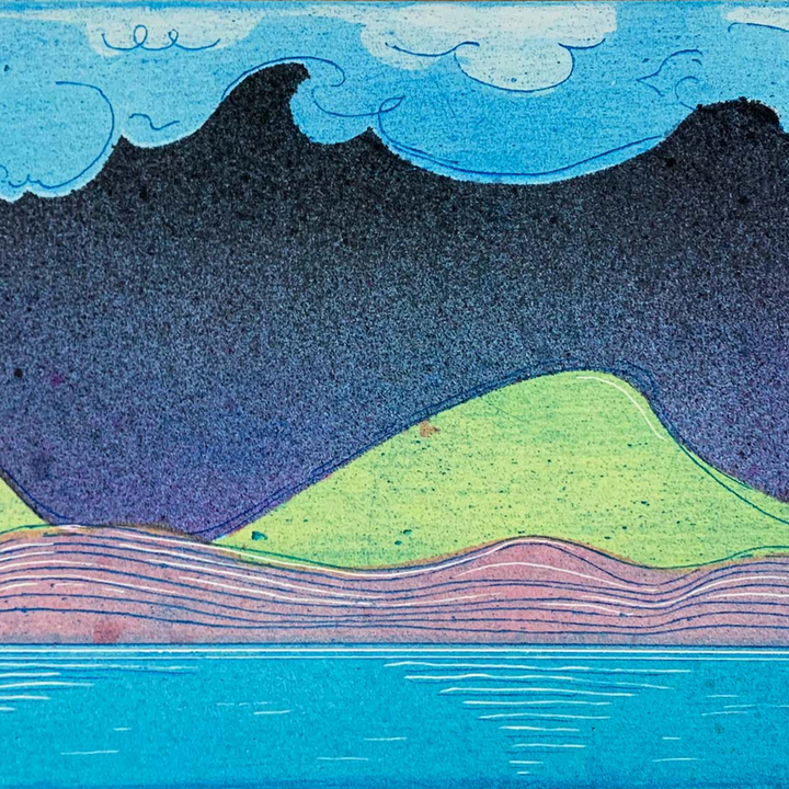 The artwork 'Muffled Saxophone' by Evan Peltzman features a serene landscape with rolling green hills against a deep indigo sky, accented by whimsical turquoise clouds. Pink and purple striped layers form the foreground, meeting a tranquil blue water body. The mixed media piece showcases ink and plaster techniques on wood panel, creating a dreamlike pastoral scene.