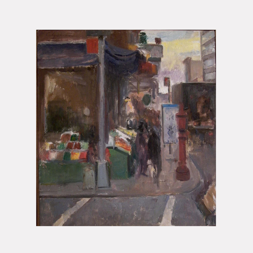 The artwork 'Mulberry Street' by Peter Colquhoun depicts a bustling urban corner with a street vendor's stall displaying colorful produce under a dark awning. Painted in impressionistic style with muted browns, greys, and pops of green and red, this oil on linen captures the atmospheric mood of a city street at dusk with softly rendered figures and architectural elements. By Peter Colquhoun.
