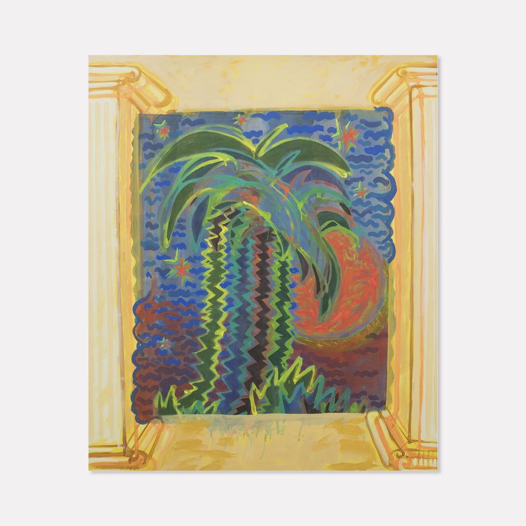 The artwork 'Multipalm Moon' by Til Will features a vibrant tropical scene with stylized palm trees rendered in bold green brushstrokes against a deep blue night sky. A luminous orange crescent moon glows in the background, while wavy patterns in turquoise and brown suggest tropical foliage and terrain. The composition is framed by warm yellow borders painted in an expressive, contemporary style using acrylic on canvas.