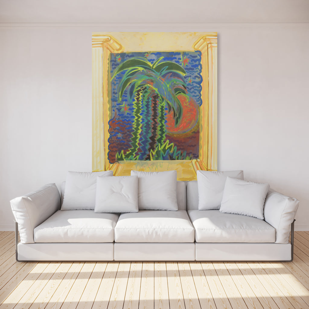 The artwork 'Multipalm Moon' by Til Will features a vibrant tropical palm tree rendered in energetic brushstrokes against a dynamic background. The composition showcases swaying palm fronds in rich greens and turquoise, set against a bold backdrop of deep blues and coral hues. The acrylic painting on canvas is framed by warm yellow borders, creating a striking contemporary interpretation of nature. By Til Will.