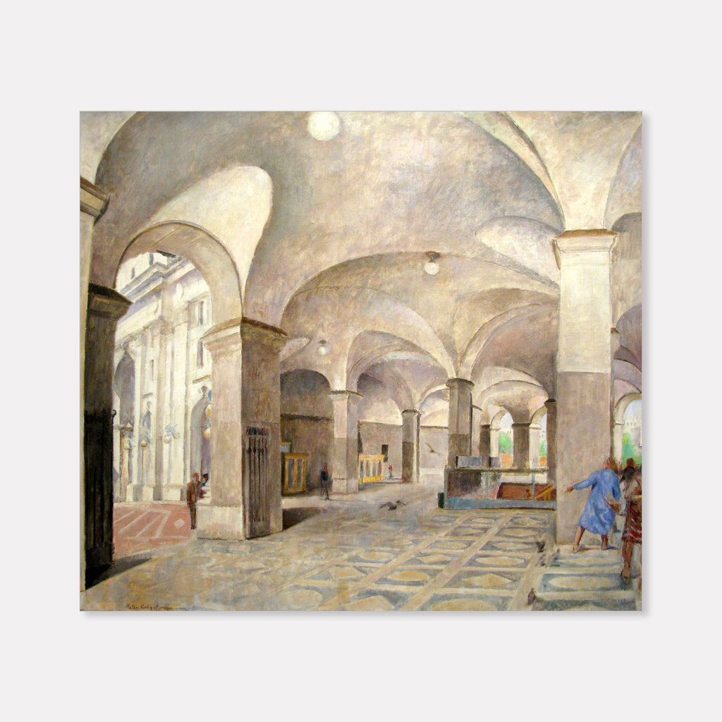 The artwork 'Municipal Building Portico' by Peter Colquhoun depicts a grand architectural interior with vaulted arches and columns. The oil painting captures soft, natural light filtering through arched windows, illuminating a geometric tiled floor. Muted beige and cream tones dominate, with subtle purple shadows in the curved ceiling vaults. The composition showcases classical architectural elements and masterful perspective.