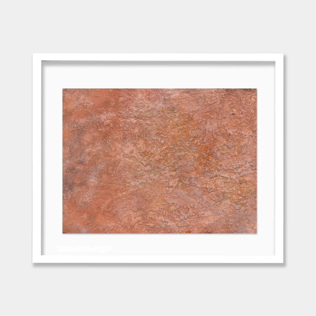 The artwork 'Muro IV' by Jacqueline Ferrante features a textured terracotta-colored surface with rustic, weathered appearance. Abstract concrete and acrylic textures create a distinctive earthy patina, reminiscent of aged stucco walls. The composition displays subtle variations in rust and salmon tones, framed in crisp white by Jacqueline Ferrante.
