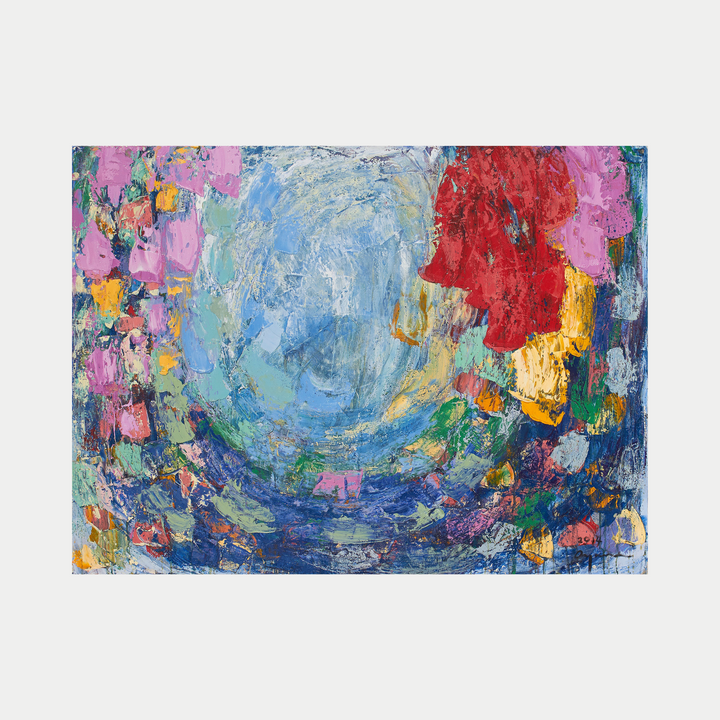 The artwork 'Music Box' by Ayane Kurai features a vibrant abstract composition with swirling blues at the center, surrounded by dynamic patches of pink, red, and yellow. The oil painting creates a spiral effect through textured brushstrokes, suggesting movement and melody through color. The 36x48 inch canvas showcases an expressionist style with layered paint creating depth and dimension.