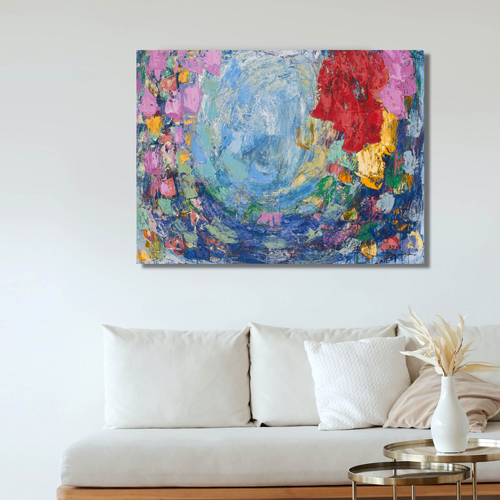 The artwork 'Music Box' by Ayane Kurai features a vibrant abstract composition with a swirling blue central vortex surrounded by dynamic splashes of pink, red, and yellow. The textured impasto technique creates a three-dimensional effect, while bold brushstrokes evoke a sense of musical movement and rhythm across the oil canvas, measuring 36 x 48 inches.