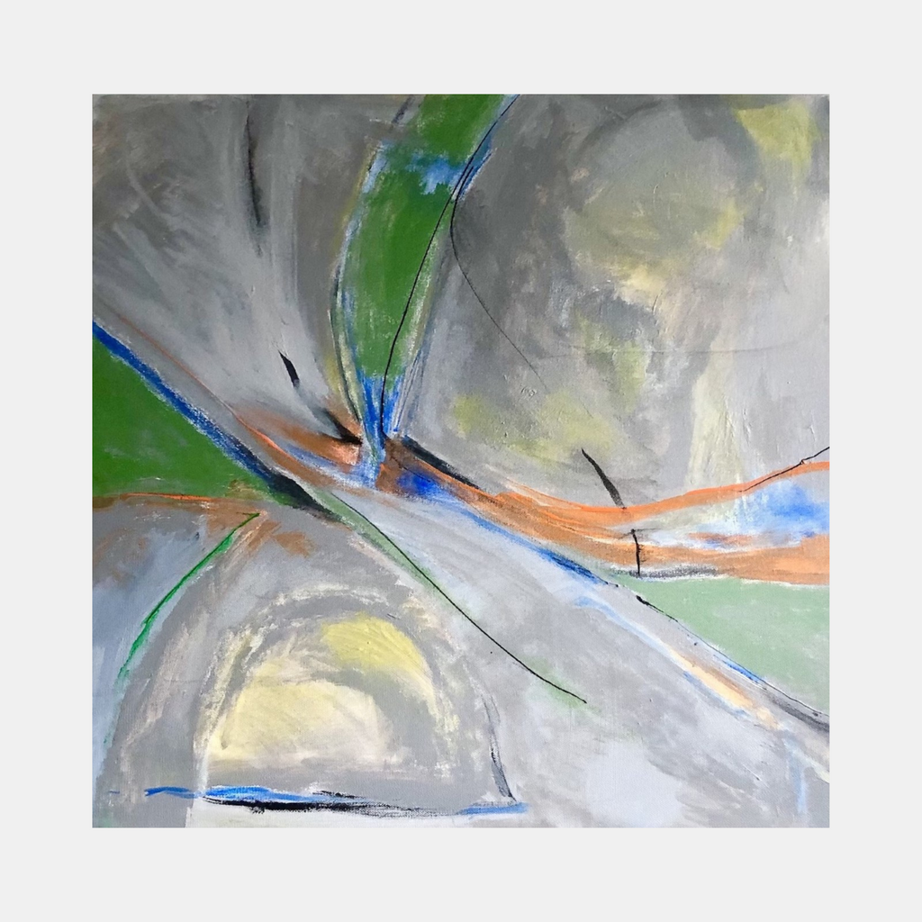 The artwork 'Muted Light' by Beth Barry features dynamic abstract brushstrokes in soft gray tones contrasted with vibrant accents of green, coral, and blue. Sweeping curved lines intersect across the canvas, creating a sense of movement and depth. Yellow highlights add ethereal luminosity to the 24x24 inch acrylic composition. By Beth Barry.