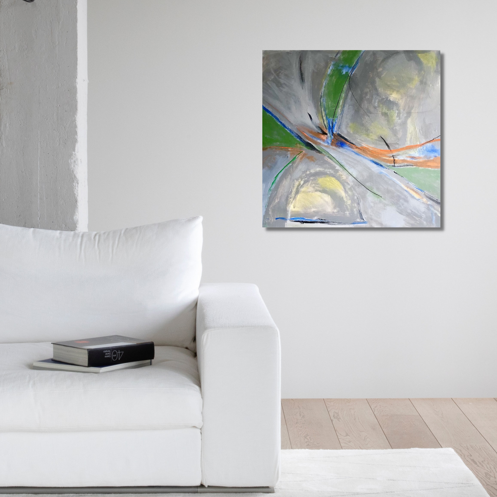The artwork 'Muted Light' by Beth Barry features an abstract composition with dynamic brushstrokes in soft gray tones accented by vibrant touches of green and blue. A gentle coral streak crosses diagonally, creating movement across the 24x24 inch canvas. Yellow-tinted areas suggest ambient light, while textured acrylic paint adds depth and dimension. - Beth Barry