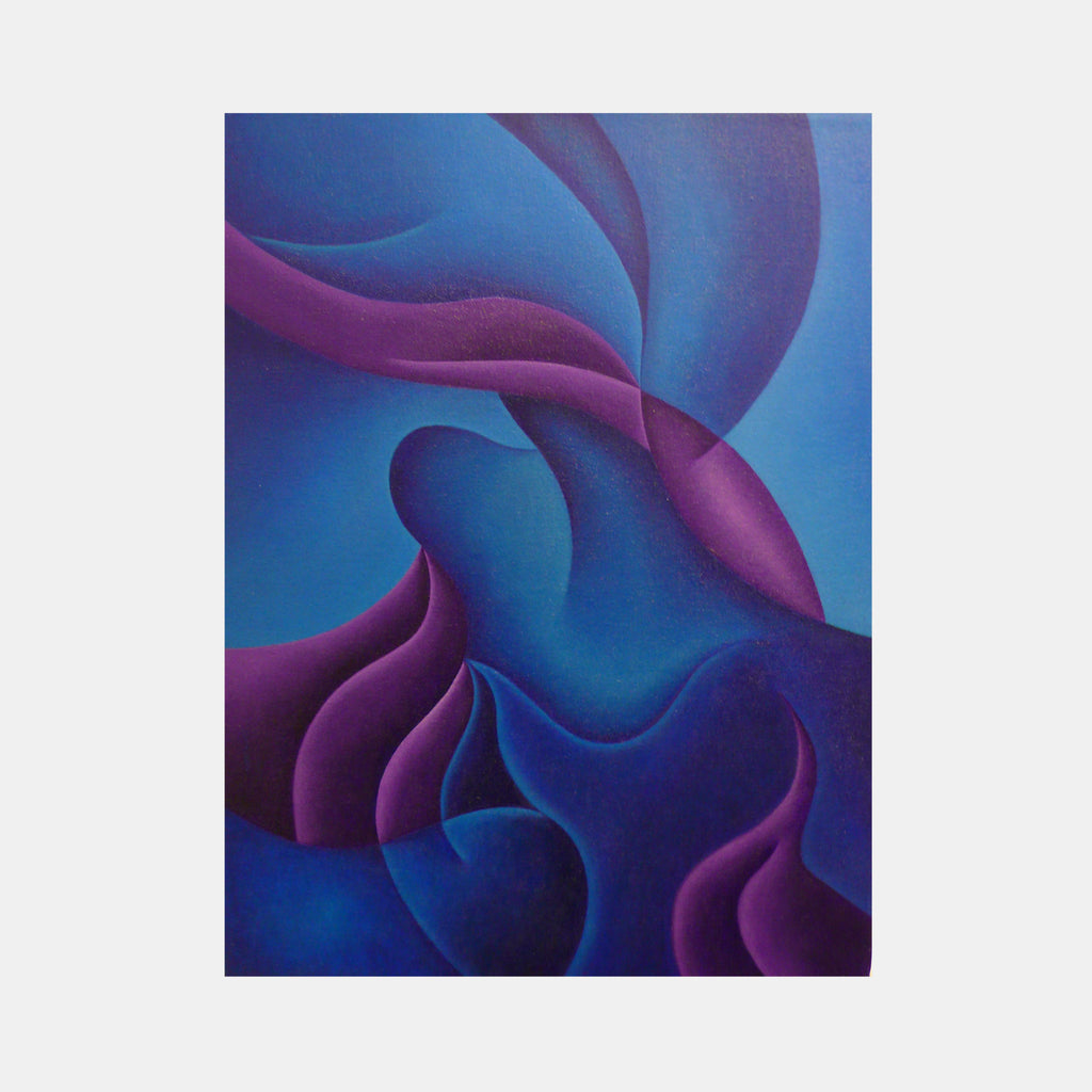 The artwork 'My Sullen Childhood' by Joe Piscopia features flowing abstract curves in deep purple and vibrant blue tones, creating a dynamic interplay of organic shapes. The acrylic painting showcases smooth gradients and undulating forms that evoke a sense of movement and emotional depth on canvas.