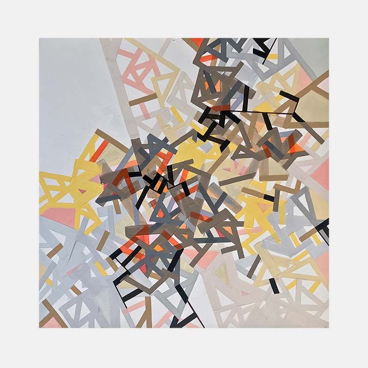 The artwork 'Nabhhann rectangle' by Philippe Halaburda features an abstract geometric composition with intersecting angular shapes in yellow, coral, black, and gray tones. Dynamic lines and fragments create a sense of movement across the canvas, executed in acrylic and felt tip on stretched canvas, measuring 25x25 inches.