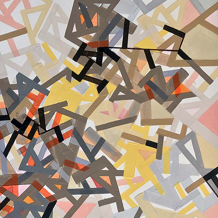 The artwork 'Nabhhann rectangle' by Philippe Halaburda features an abstract geometric composition with intersecting angular shapes in a dynamic arrangement. Bold black lines contrast with soft pastels of pink, yellow, and beige, creating a layered effect. The 25x25 inch canvas showcases a modern artistic style combining acrylic paint and felt tip markers by Philippe Halaburda.