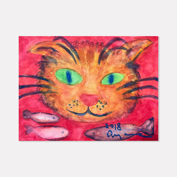 The artwork 'Naughty Cat' by Ayane Kurai features a vibrant orange cat face with striking green-blue eyes against a bold red background. The whimsical watercolor painting shows three playful fish swimming below the cat's smiling face, rendered in soft pink and gray tones. The expressive brushstrokes and cray-pas technique create a playful, whimsical style.
