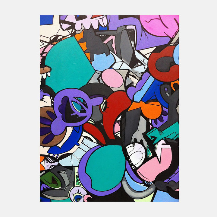 The artwork 'Nebula' by Ellannah Sadkin features a vibrant collage of cartoon-inspired abstract shapes in bold colors including turquoise, purple, red, and blue, arranged in a graffiti-style composition. The overlapping organic forms and bold outlines create a dynamic, playful energy characteristic of street art and comic aesthetics. Acrylic on canvas by Ellannah Sadkin.