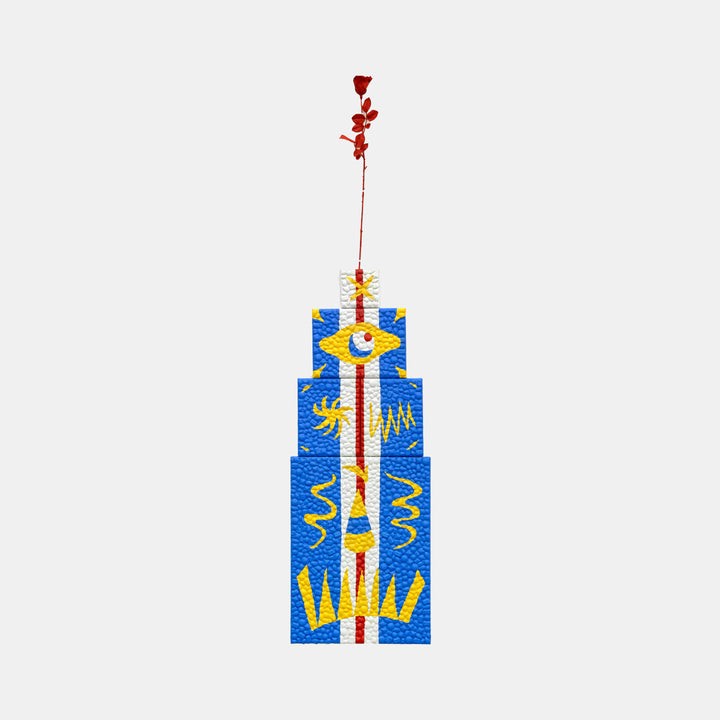 The artwork 'Neither Here Nor There A' by Marco DaSilva features a striking vertical composition with a blue geometric tower adorned with yellow spiral patterns and crown-like elements. A vibrant red spire extends from the top, embellished with rhinestones and glossy polyurethane finish on canvas, creating a modern architectural aesthetic against a white background.