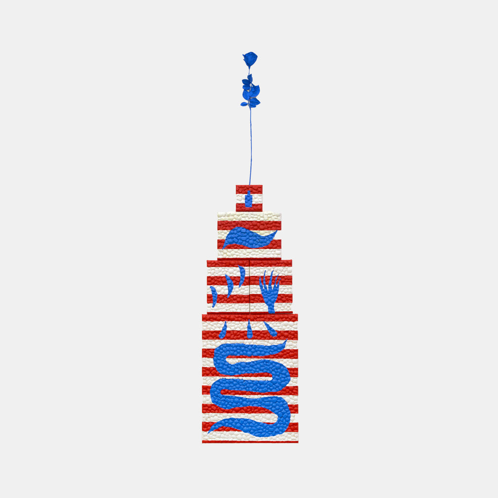 The artwork 'Neither Here Nor There B' by Marco DaSilva features alternating red and white horizontal stripes with flowing blue abstract forms, creating a tower-like structure topped with a small blue flourish. Mixed media artwork combining latex paint with rhinestone accents and glossy polyurethane finish on canvas. By Marco DaSilva.