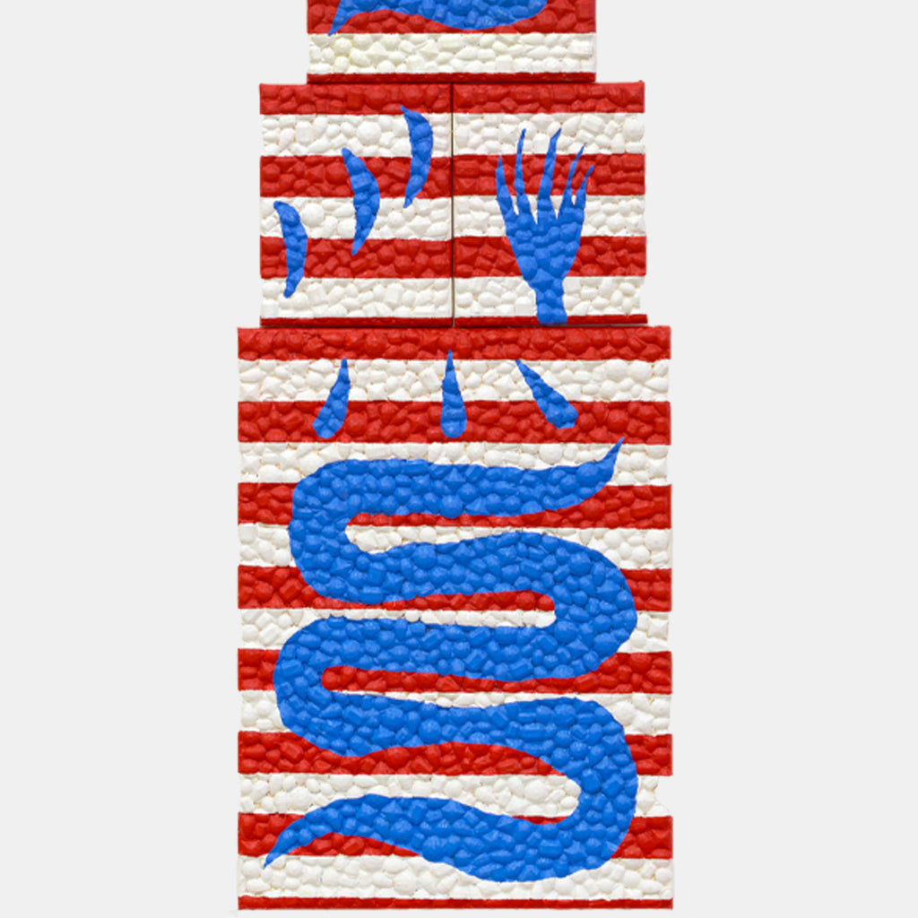 Neither Here Nor There B by Marco DaSilva features a vertical composition with bold red and white horizontal stripes, overlaid with electric blue serpentine forms and abstract shapes. The artwork combines textural elements created with latex paint, shimmering rhinestones, and glossy polyurethane on canvas, creating a dynamic interplay of patriotic colors and organic movement.
