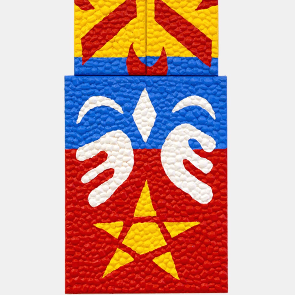 The artwork 'Neither Here Nor There D' by Marco DaSilva features a vibrant geometric composition with white hand-like shapes on a red background, centered around a yellow star. Bold blue bands contain curved white elements, topped by yellow and red angular patterns. The textured surface incorporates rhinestones and latex paint, creating a dimensional effect through mixed media techniques.