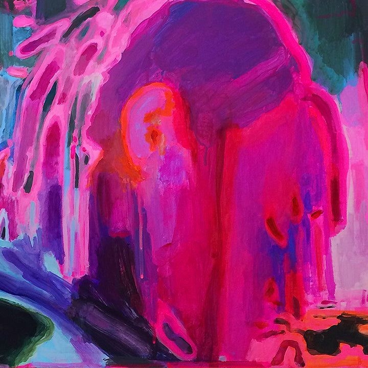 The artwork 'Nelson (manipulated)' by Michelle Selwa features vibrant abstract forms in bold pink and magenta, with dripping paint effects against deep purple and turquoise background. The acrylic painting showcases fluid, organic shapes with dynamic movement, creating a striking contrast between warm and cool tones on canvas, measuring 20 x 24 inches.