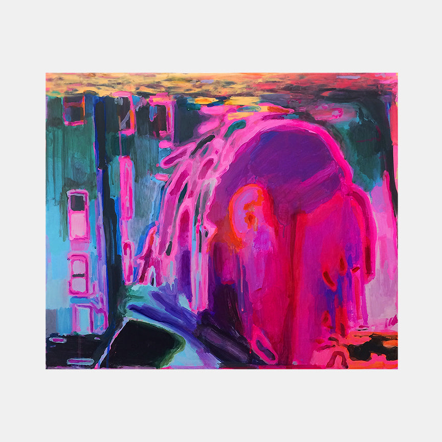 The artwork 'Nelson (manipulated)' features vibrant neon pink and magenta forms against a deep teal background, creating a striking abstract composition. Bold brushstrokes and dripping effects in acrylic paint convey dynamic movement across the 20x24 inch canvas. Electric blues and hot pink hues create an urban, contemporary aesthetic. By Michelle Selwa.
