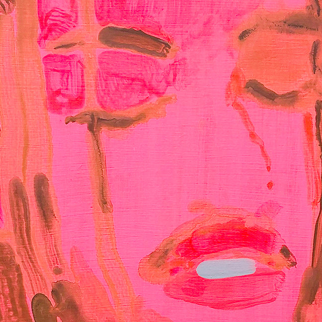 The artwork 'Nelson (pink)' by Michelle Selwa features bold brushstrokes in vibrant pink and coral tones depicting abstract facial features. A striking minimalist composition rendered in acrylic on hardboard panel, with expressive brown accents and a subtle blue highlight, creating a contemporary portrait, 12x9 inches.