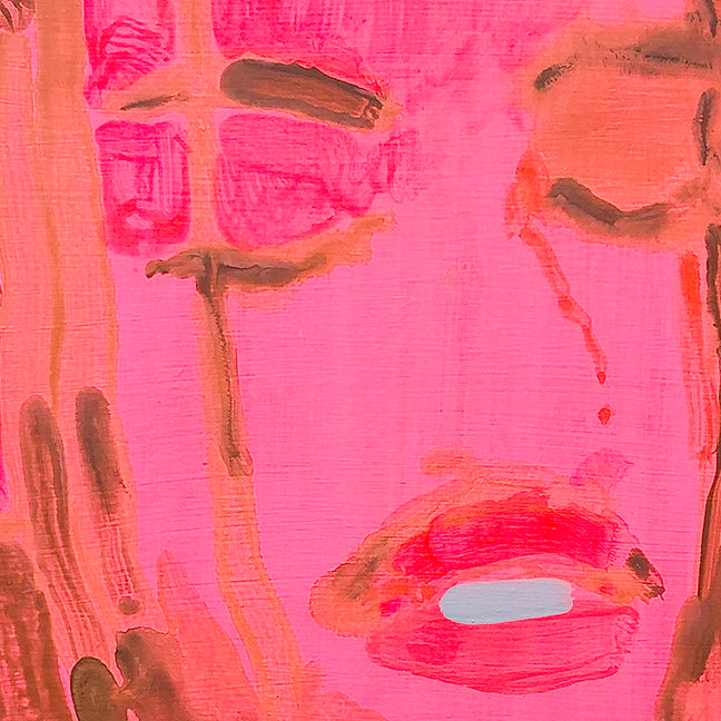 An original figurative portrait of a dread hair man by Michelle Selwa, an artist who has exhibited in New York, titled Nelson (pink)