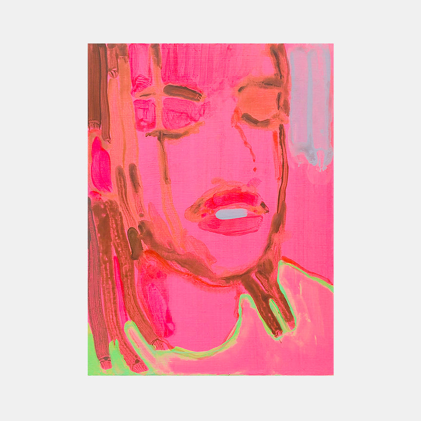 The artwork 'Nelson (pink)' by Michelle Selwa features an abstract portrait rendered in vibrant pink and coral tones with green accents. Bold brushstrokes create an expressive composition on hardboard panel, showcasing a dynamic interplay of warm hues and gestural painting technique in acrylic medium.