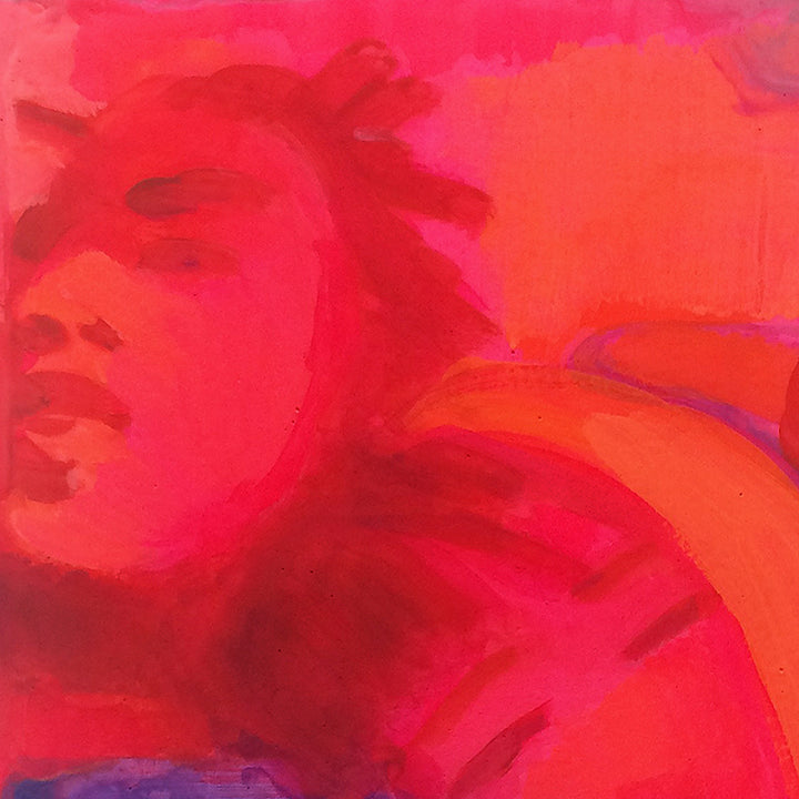 The artwork 'Nelson and Michelle (color study)' by Michelle Selwa features vibrant red and pink abstract shapes against an orange background, rendered in acrylic on hardboard. The composition showcases bold brushstrokes and fluid forms creating a dynamic color study with rich tonal variations and expressive mark-making. 12x9 inches. By Michelle Selwa.
