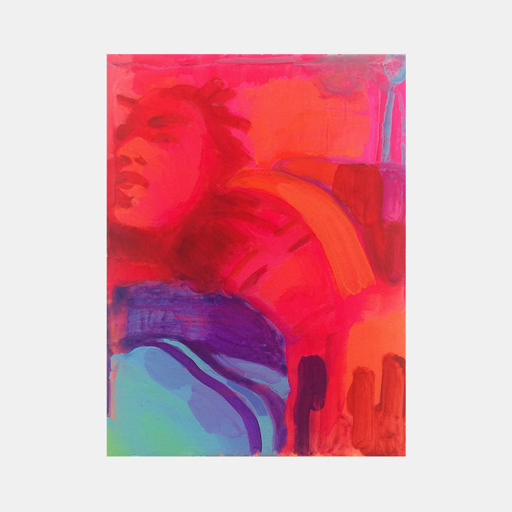 The artwork 'Nelson and Michelle (color study)' by Michelle Selwa features vibrant color blocks in red, orange, purple, and turquoise. Abstract expressionist composition with flowing curves and bold brushstrokes creates dynamic movement across the acrylic painting. Rich crimson tones dominate the upper portion, transitioning to cool aqua hues below. Painted on 12x9 inch hardboard panel.