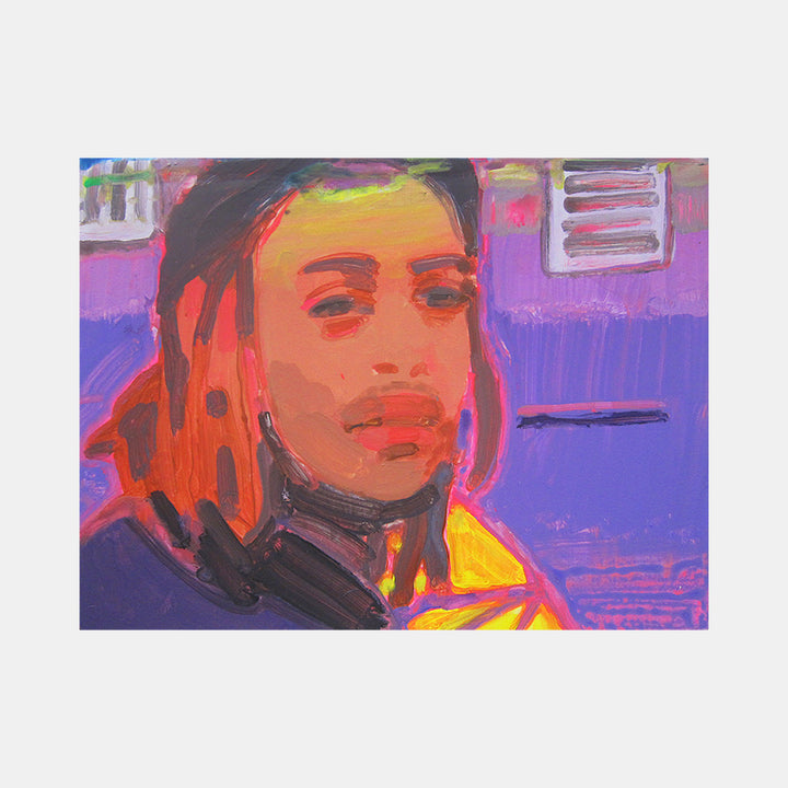 The artwork 'Nelson in Hi8' depicts a portrait in vibrant acrylic colors against a purple background. Bold brushstrokes create an expressive style with orange, yellow, and red tones dominating the composition. The painting showcases dynamic contrasts and contemporary pop art influence on a hardboard panel. Art by Michelle Selwa.
