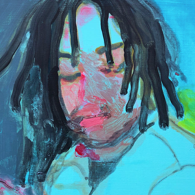 The artwork 'Nelson with Kitten (blue)' by Michelle Selwa features an expressive acrylic portrait against a vivid turquoise background. Bold brushstrokes create dark flowing hair contrasting with soft pink skin tones. The composition shows dynamic movement in an impressionistic style on hardboard panel, measuring 12x9 inches.