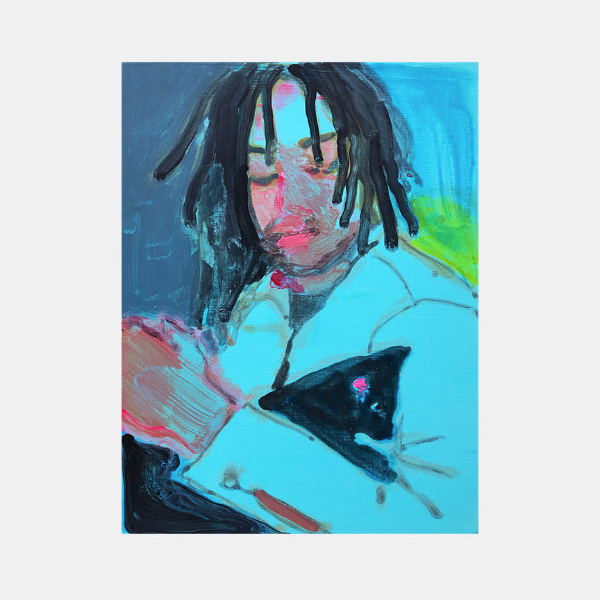 The artwork 'Nelson with Kitten (blue)' by Michelle Selwa features an expressive portrait rendered in bold acrylic strokes against a vibrant turquoise background. A person in a light blue garment holds a black cat with subtle pink accents. The painting showcases loose, gestural brushwork and a contemporary style using a vivid color palette. Painted on hardboard panel.