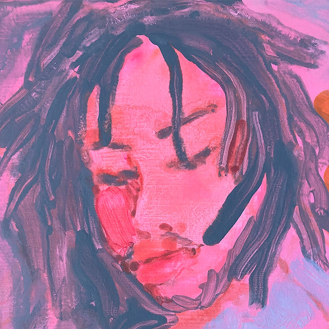 The artwork 'Nelson with Kitten (pink)' by Michelle Selwa features an expressive portrait rendered in vibrant pink and deep purple hues. Bold brushstrokes create dynamic movement in loose, gestural marks defining facial features against a luminous pink background. The 12x9 inch acrylic painting on hardboard panel showcases a contemporary impressionistic style with fluid, energetic application.