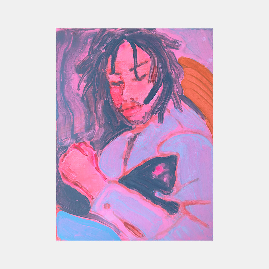 The artwork 'Nelson with Kitten (pink)' by Michelle Selwa features an expressive acrylic painting on hardboard panel, rendered in vibrant pink and purple hues. The composition shows a figure holding a small black cat against a swirling pink background. The brushwork is loose and gestural, creating a dynamic, contemporary style with bold color contrasts.