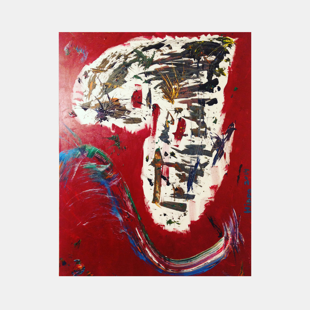 The artwork 'Never Been to Africa' by Dom Hiddo features an abstract white silhouette of the African continent against a bold red background. Dynamic brushstrokes in black, blue, and red create an energetic, expressionist composition. The acrylic on linen piece showcases spontaneous marks and textural elements, measuring 40x30 inches. By Dom Hiddo.