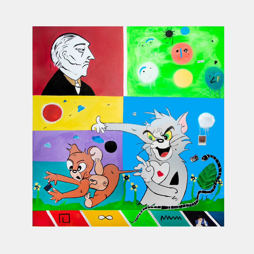 The artwork 'Never Drop Your Guard' by Cavier Coleman features a vibrant four-panel composition with cartoon-inspired imagery. A split-screen layout showcases a profile portrait against red, abstract cosmic elements on green, playful characters on purple and blue backgrounds, incorporating collage elements and bold primary colors. Mixed media artwork combining acrylic, enamel, and paper collage on canvas.
